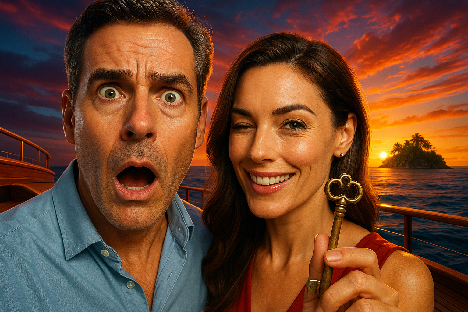 A man in his 40s looks shocked and amazed at a secret romantic travel plan his wife is showing him, hinting at a unique getaway.
