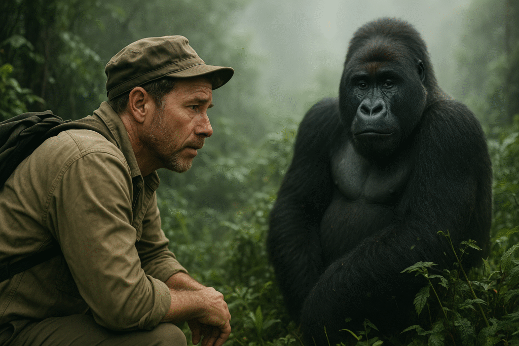 A man observes a majestic silverback mountain gorilla from a respectful distance in the misty jungles of Rwanda.