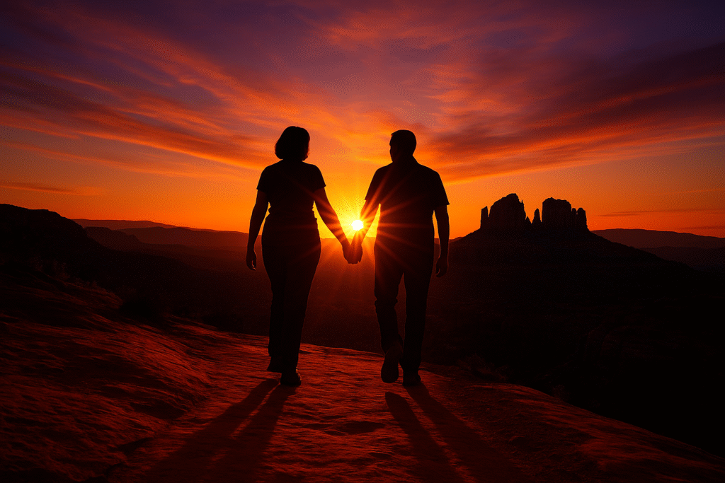Silhouette of a couple holding hands on a red rock trail in Sedona, Arizona, at sunset, symbolizing a romantic and spiritual journey.