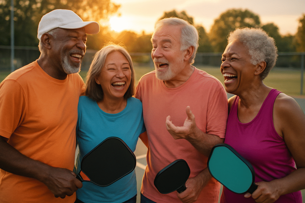A diverse group of four happy seniors enjoying the social benefits of pickleball between games.