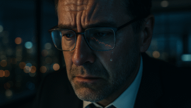 A dramatic close-up of a stressed middle-aged man in his dark office, showing the urgent need for 5 minute mindfulness exercises.