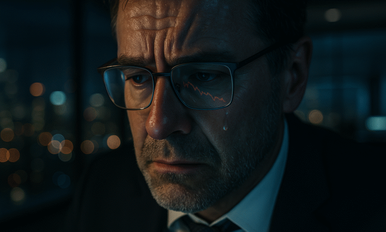 A dramatic close-up of a stressed middle-aged man in his dark office, showing the urgent need for 5 minute mindfulness exercises.