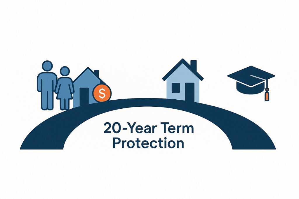 A graphic illustration showing a 20-year bridge, symbolizing how term life insurance protects a family's temporary needs like a mortgage until they reach financial goals.