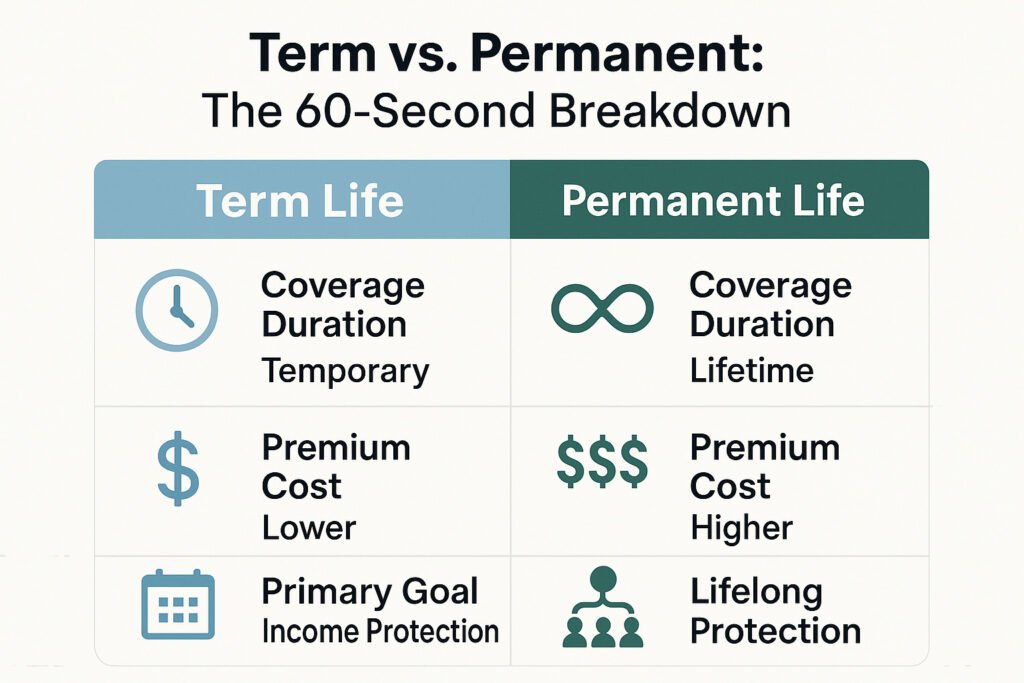 term vs permanent life insurance for men An infographic comparing the key differences between term and permanent life insurance, covering duration, cost, cash value, and primary purpose for each.
