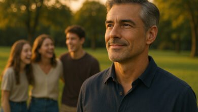 A confident man in his late 40s looks toward the future, with his family in the soft-focus background, symbolizing legacy protection through life insurance.