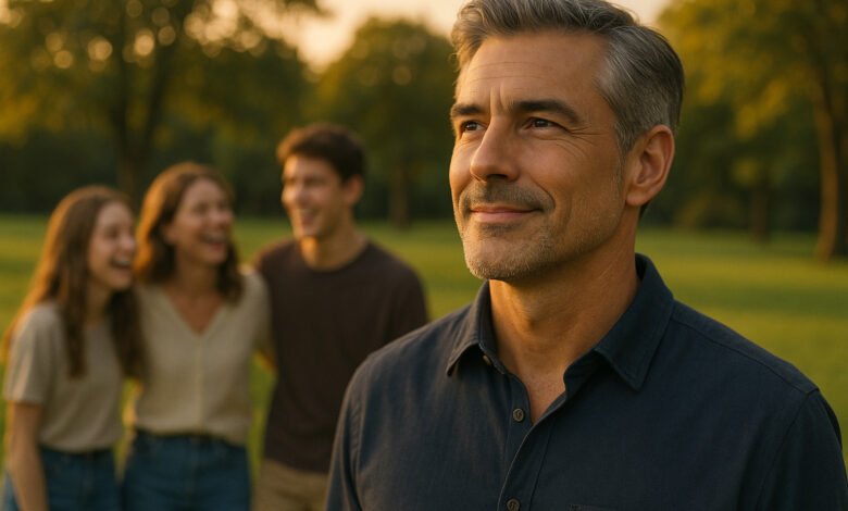 A confident man in his late 40s looks toward the future, with his family in the soft-focus background, symbolizing legacy protection through life insurance.