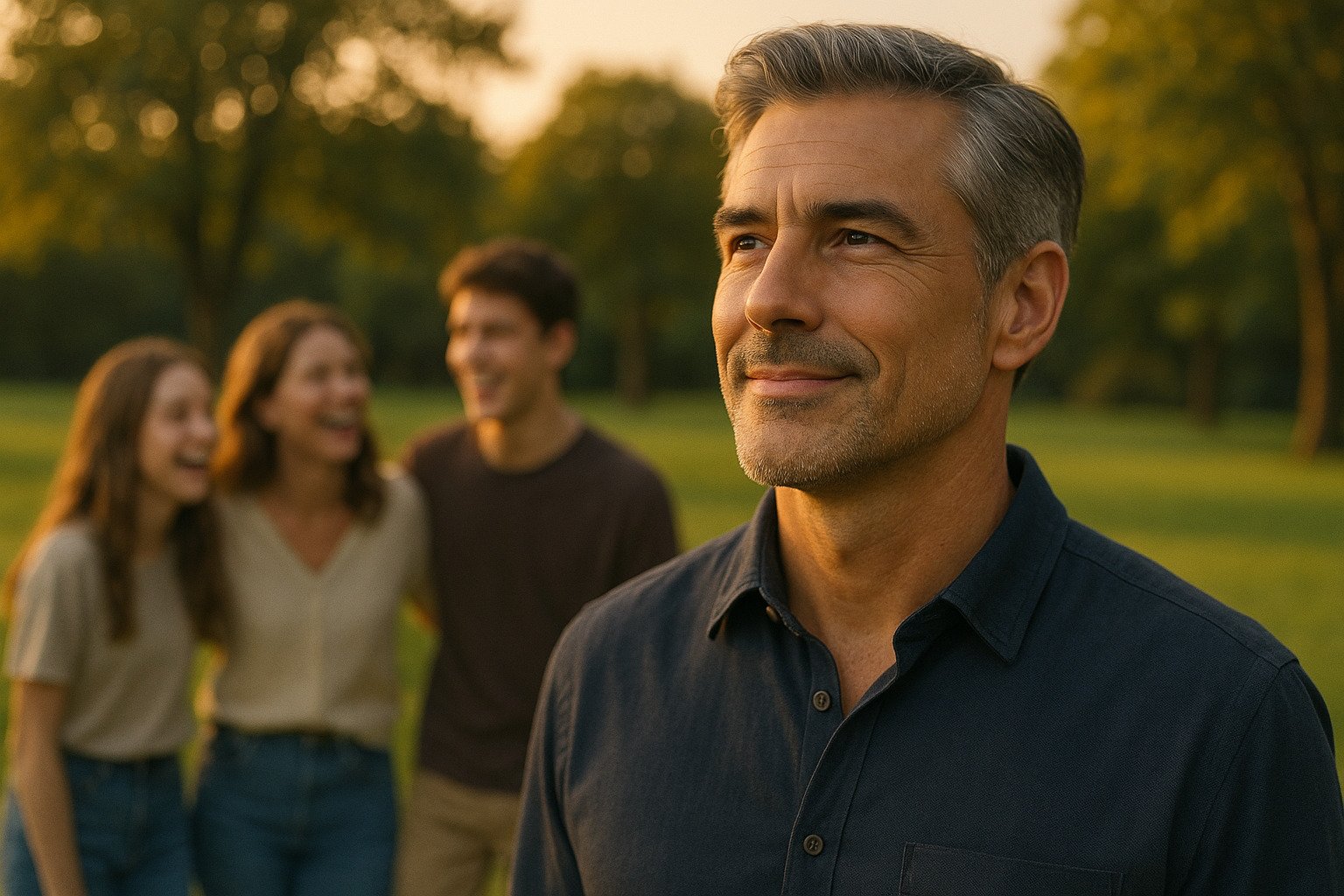 A confident man in his late 40s looks toward the future, with his family in the soft-focus background, symbolizing legacy protection through life insurance.