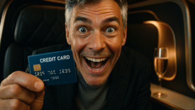 A man in his 40s with a shocked, happy expression in a business class seat, holding up a credit card as the secret to his luxury flight.