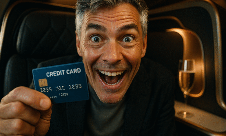 A man in his 40s with a shocked, happy expression in a business class seat, holding up a credit card as the secret to his luxury flight.