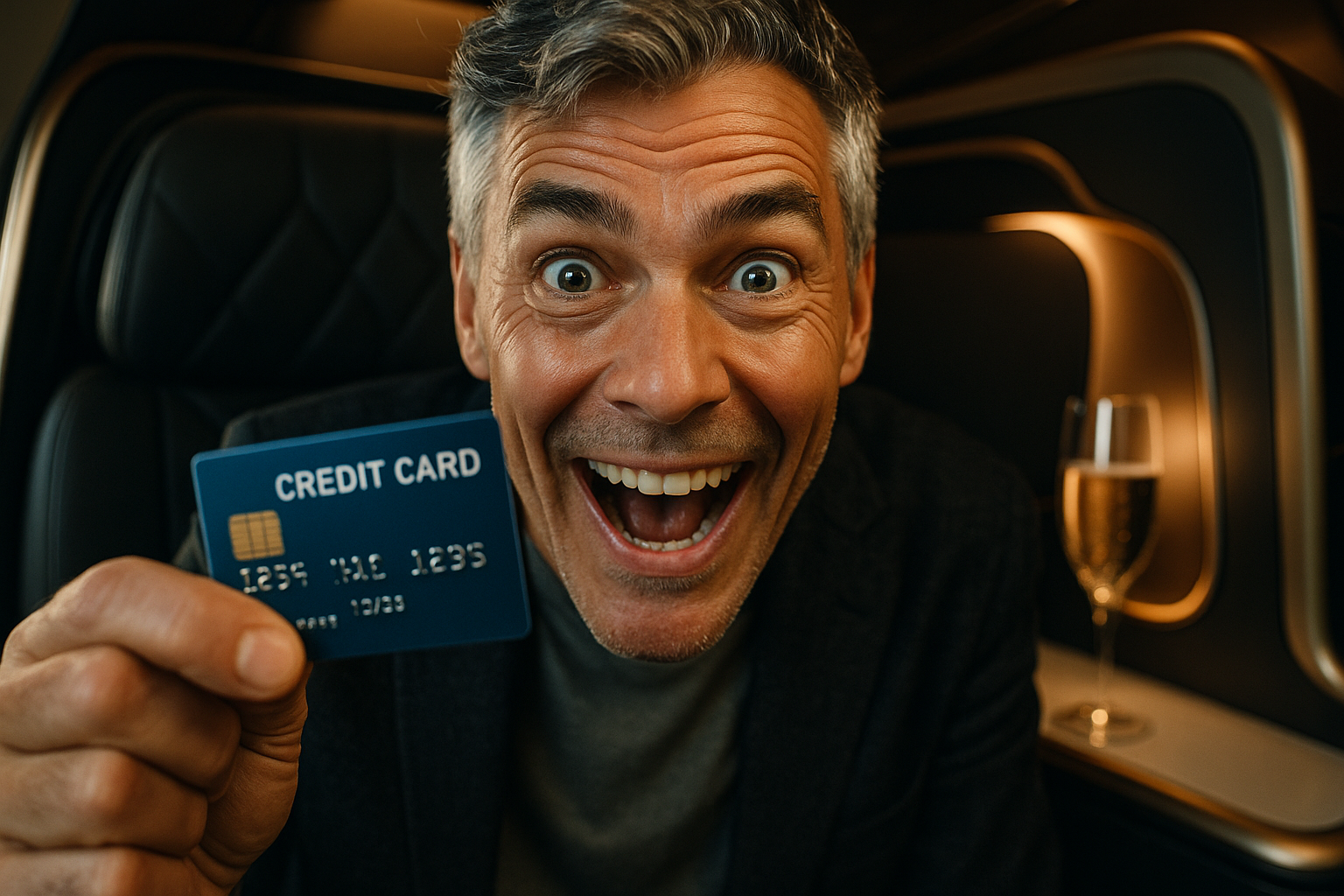 A man in his 40s with a shocked, happy expression in a business class seat, holding up a credit card as the secret to his luxury flight.