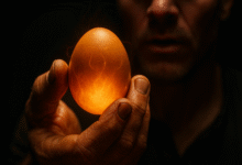 A man's hand holding a single egg that is glowing with energy, symbolizing a powerful food that can boost testosterone naturally.
