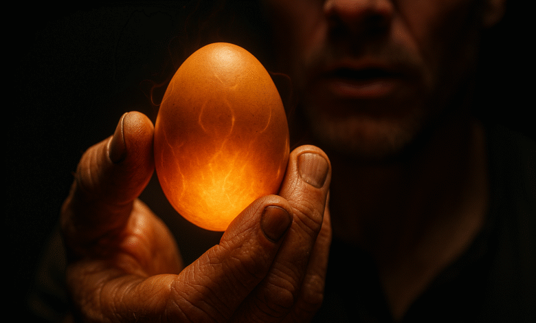A man's hand holding a single egg that is glowing with energy, symbolizing a powerful food that can boost testosterone naturally.