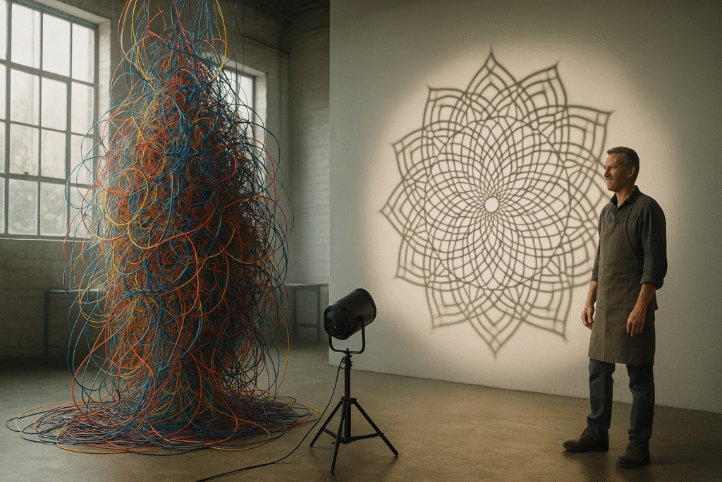 A man smiling confidently next to a light casting an intricate, organized shadow pattern on a wall, contrasting with a large, chaotic pile of tangled wires, symbolizing bringing order and clarity after a midlife ADHD diagnosis.