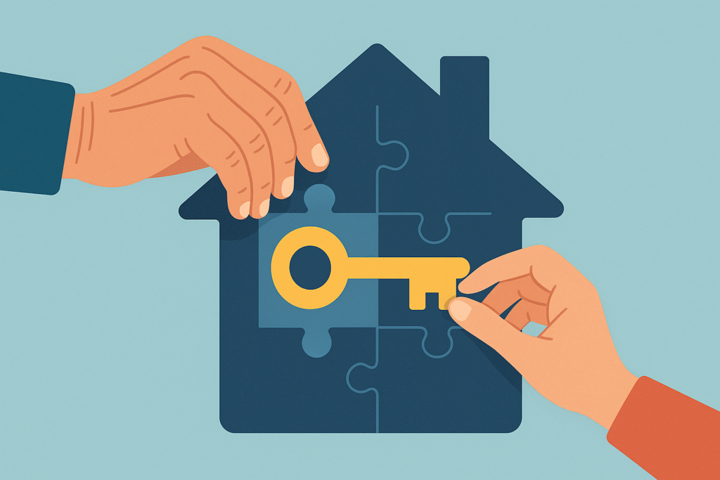 Illustration of an older and younger hand fitting puzzle pieces of a house together, one with a key, symbolizing a family living agreement. Adult child living at home rent free