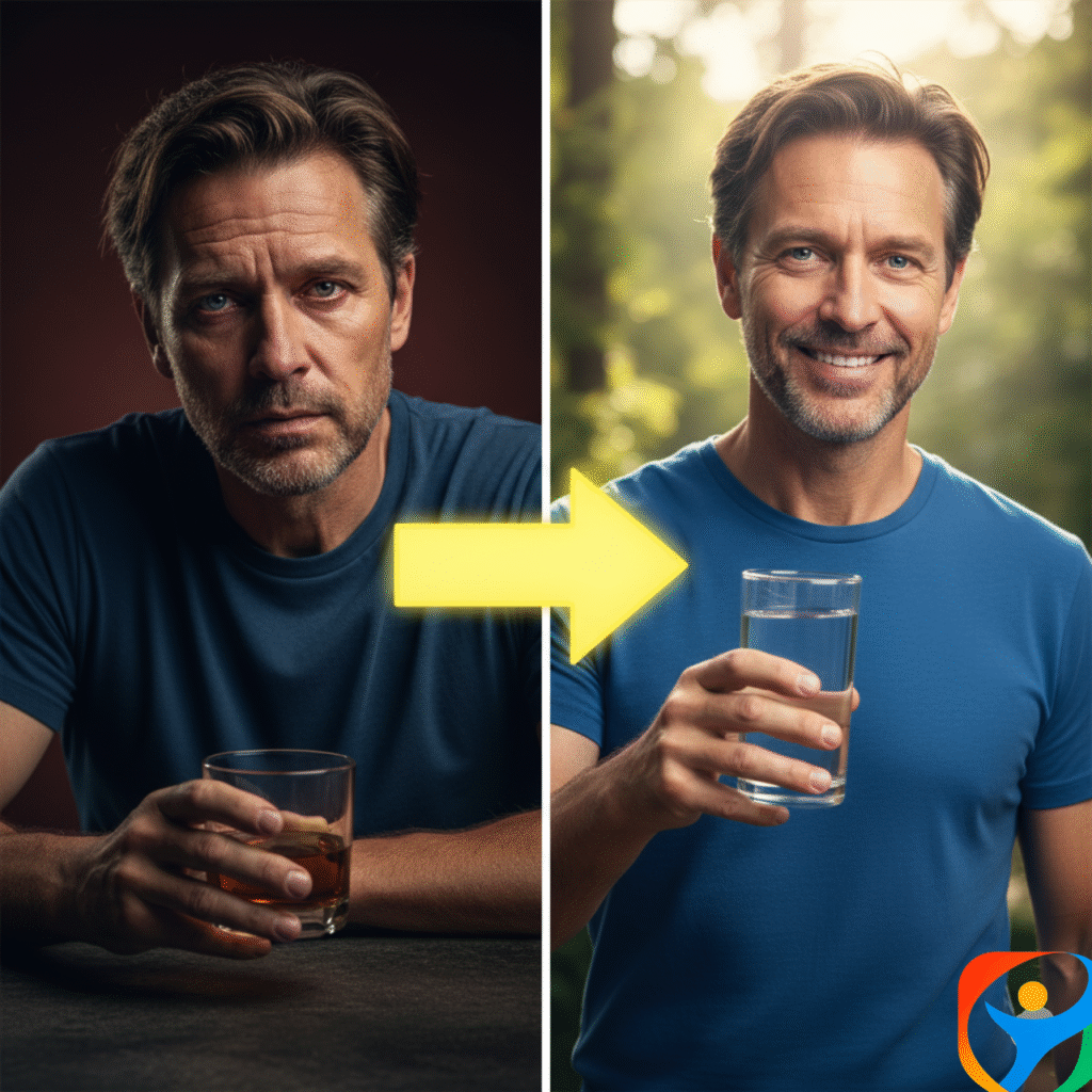 A powerful conceptual image showing a man's silhouette. Inside his head is a chaotic storm of tangled wires and storm clouds, symbolizing the mental fog, anxiety, and internal chaos caused by alcohol dependence. quitting alcohol after 40