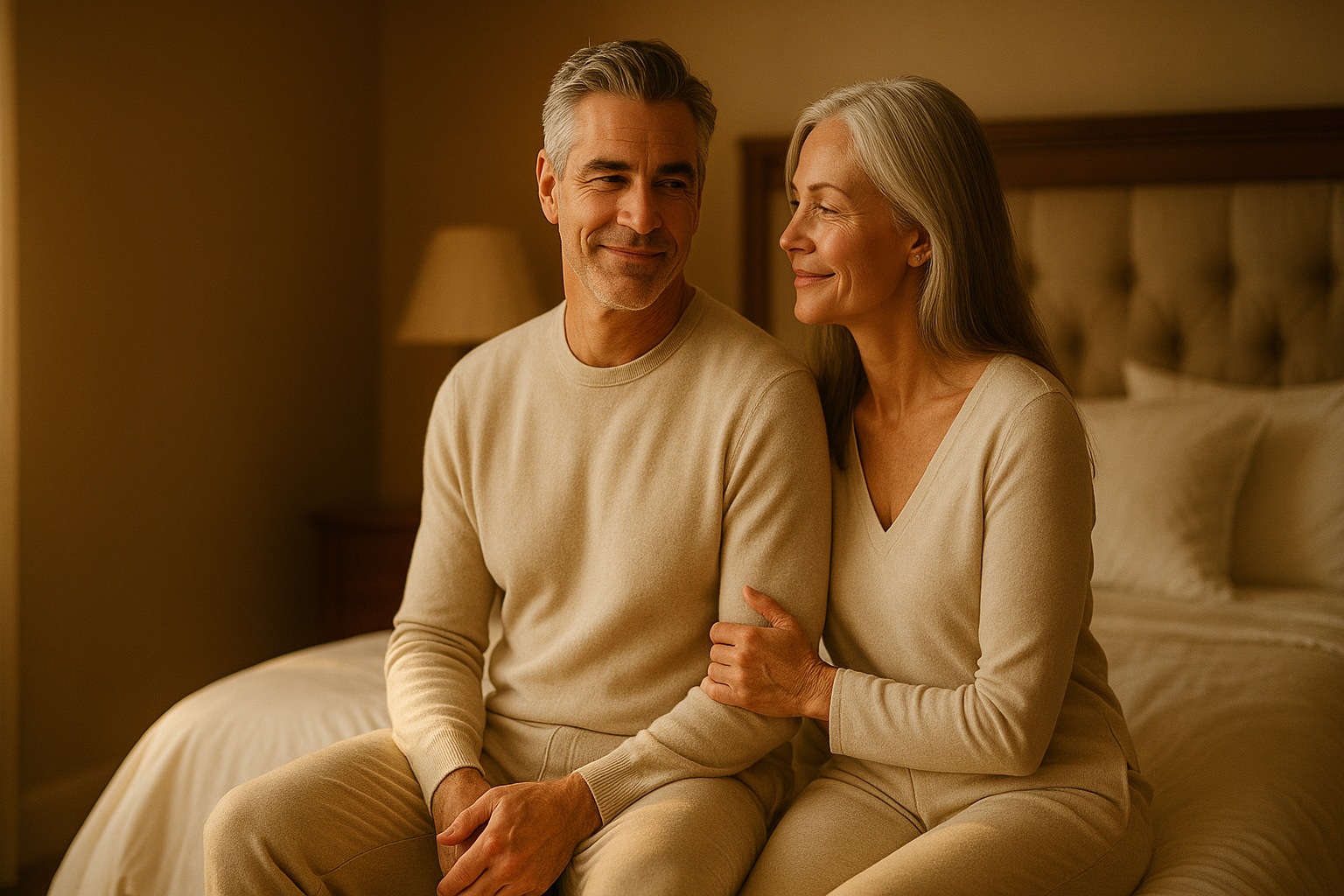 A confident, mature couple in their 50s share an intimate moment, representing the positive outcome of finding the best ED treatments.