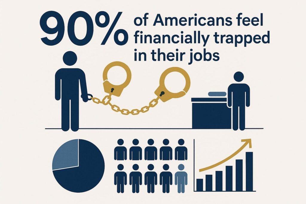 Infographic showing 90% of Americans feel trapped in jobs with golden handcuff imagery