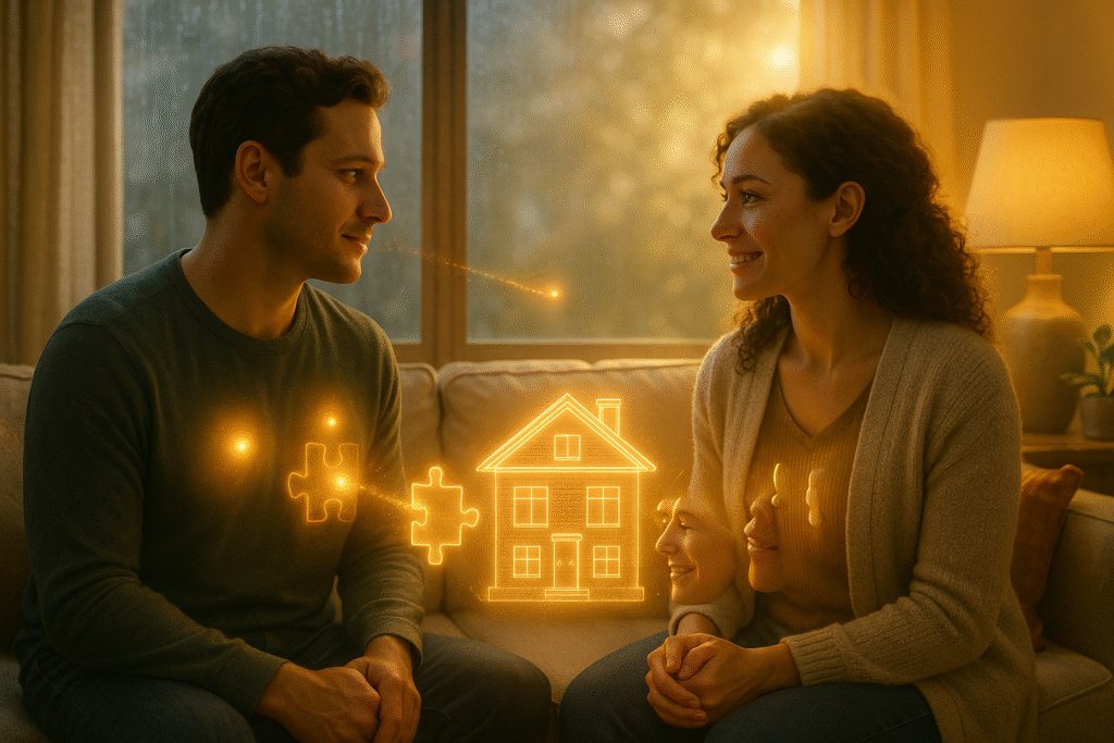A couple in marriage counseling works through the conflict resolution process, symbolized by glowing puzzle pieces connecting to form a home.