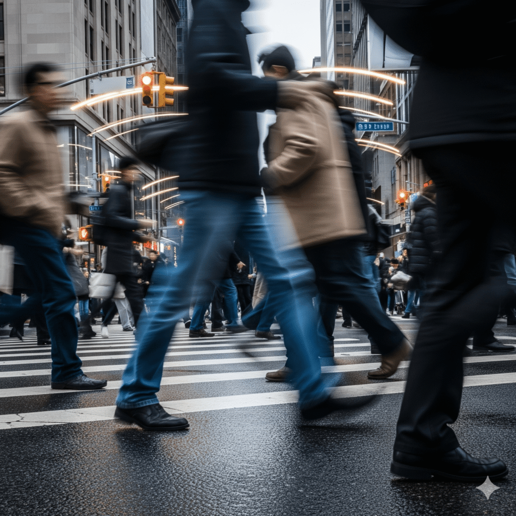 A low-angle, motion-blurred photo of an anonymous crowd rushing across a city street, symbolizing the crisis of default living.