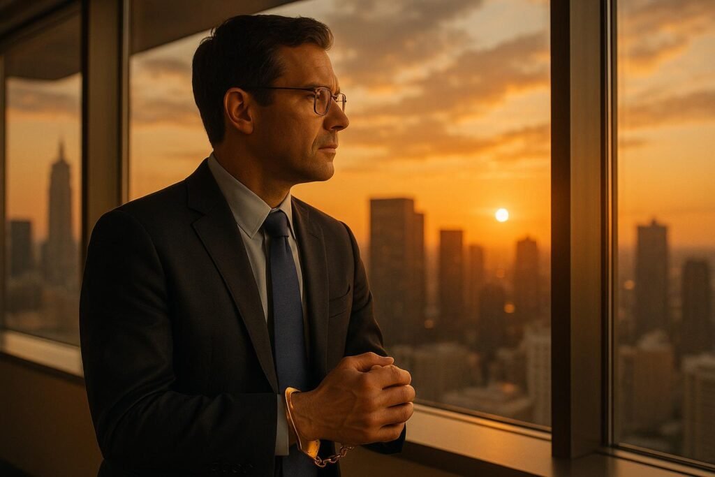 Father contemplating career change while looking out office window, representing the struggle with golden handcuffs. Dad career change