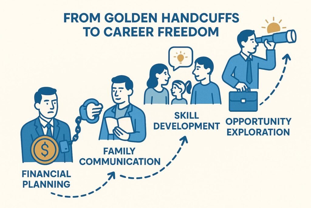 Step-by-step diagram showing father's journey from golden handcuffs to career freedom