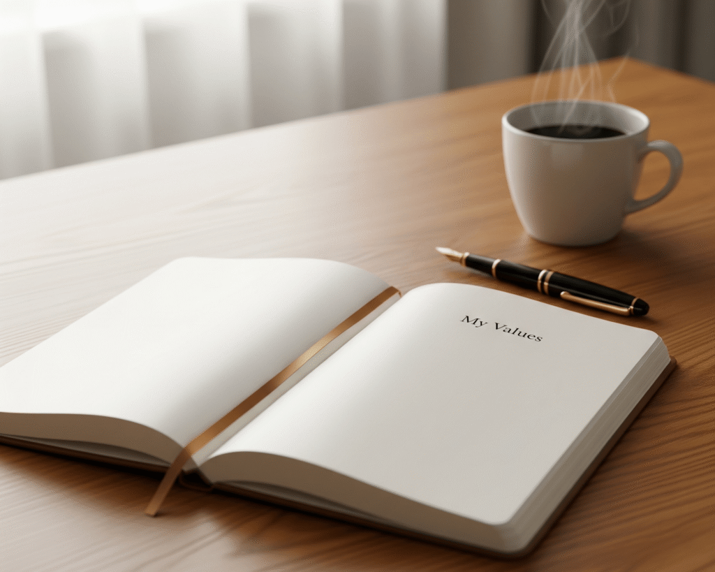 An open journal with "My Values" written on a blank page, accompanied by a fountain pen and a steaming cup of coffee, representing a fresh start and the lifestyle audit.