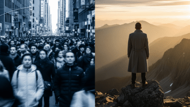 A split image showing a blurry, anonymous crowd in a city street on the left, contrasted with a man standing alone on a mountain peak at sunrise on the right, symbolizing the choice between default living and intentional living.