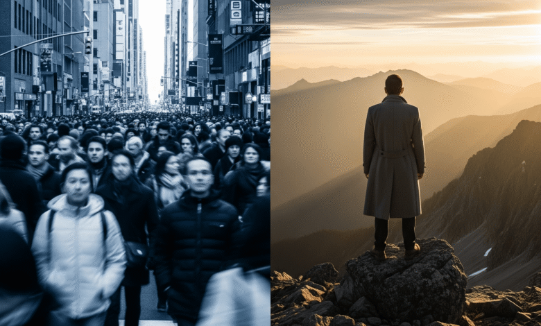 A split image showing a blurry, anonymous crowd in a city street on the left, contrasted with a man standing alone on a mountain peak at sunrise on the right, symbolizing the choice between default living and intentional living.
