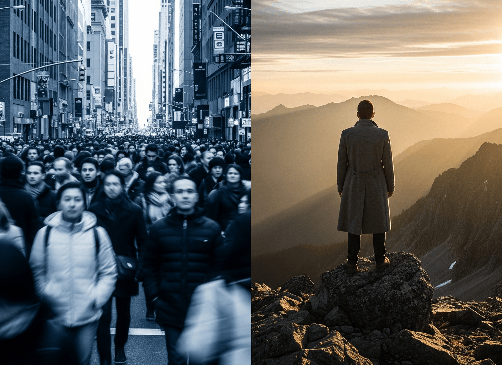 A split image showing a blurry, anonymous crowd in a city street on the left, contrasted with a man standing alone on a mountain peak at sunrise on the right, symbolizing the choice between default living and intentional living.