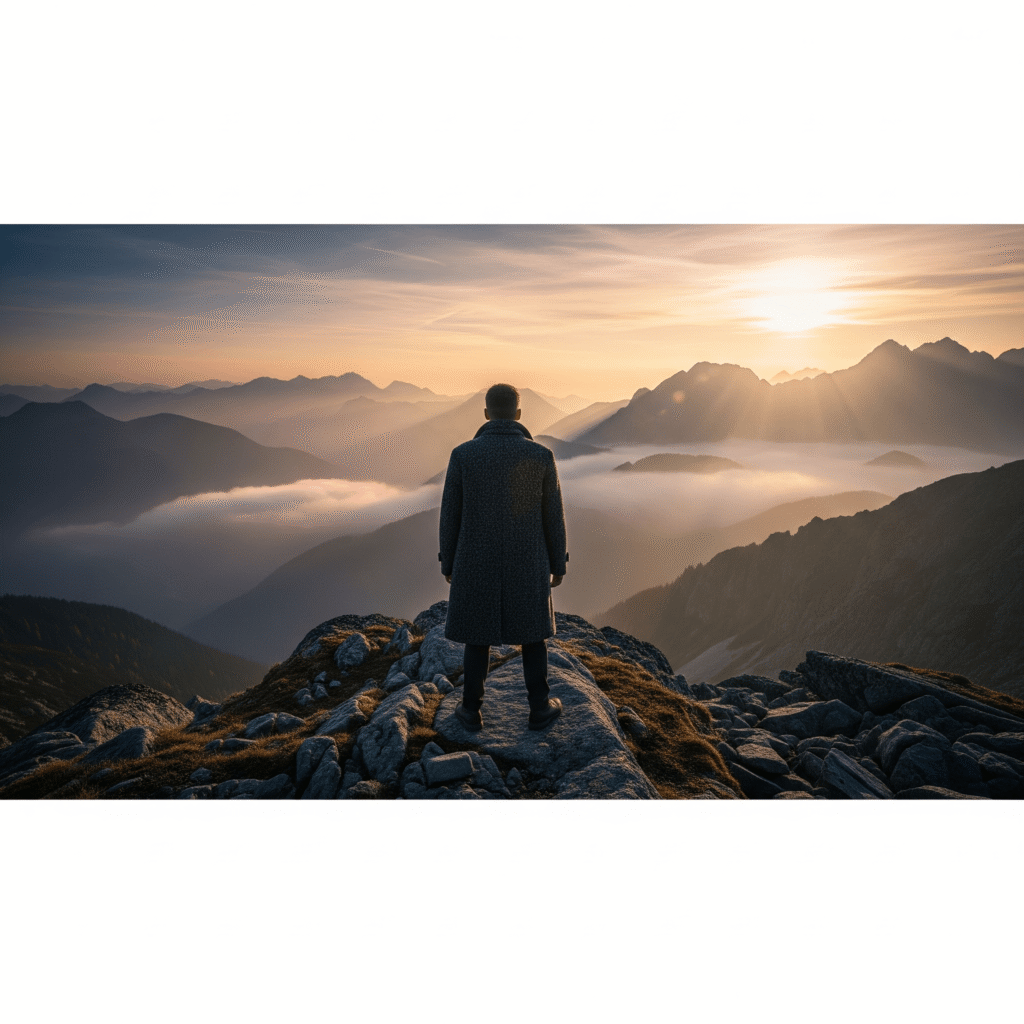 A man in a wool coat stands on a rocky mountain peak, looking out over a misty mountain range at sunrise.