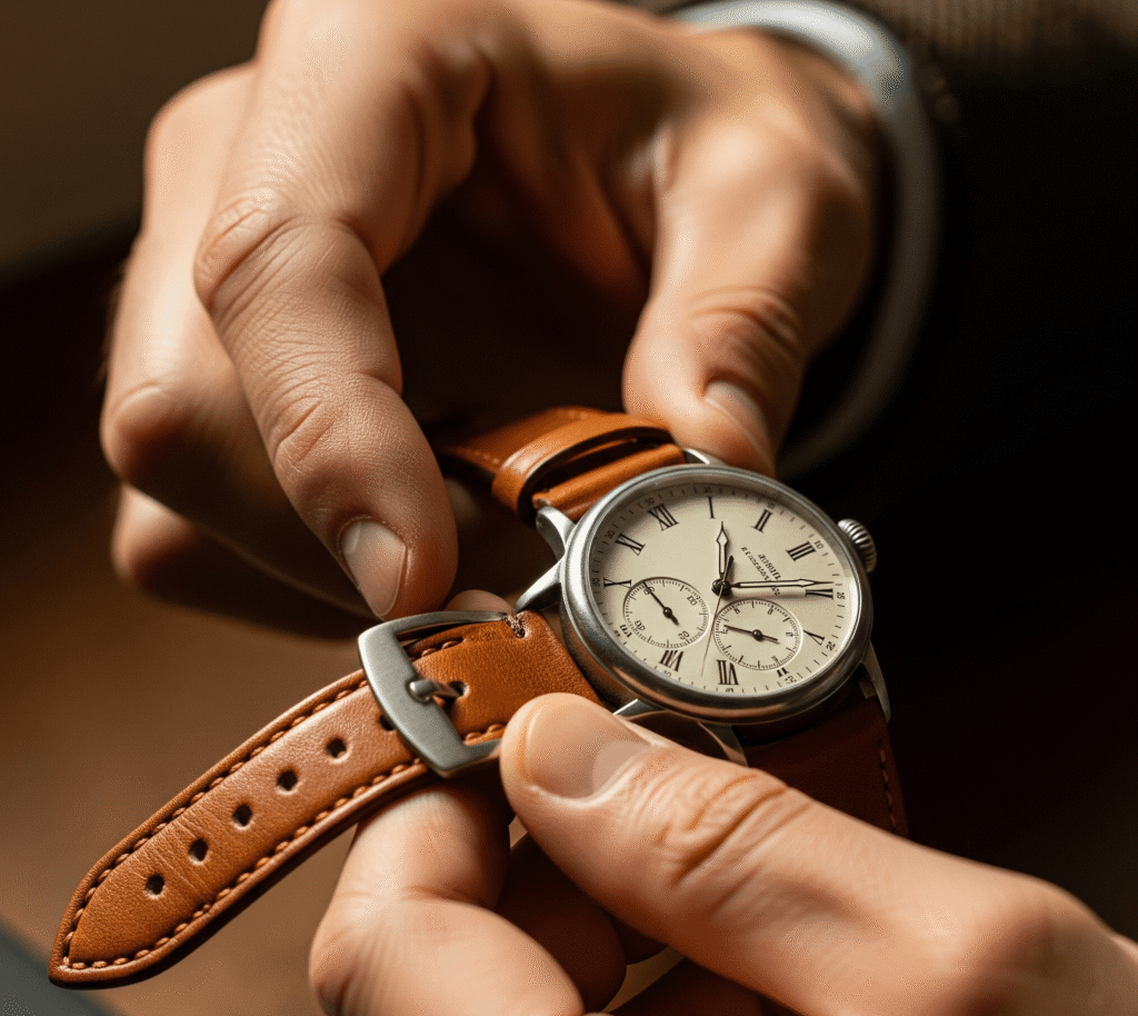 A close-up of a man's hands fastening the buckle on a classic brown leather watch, representing deliberate style and quality over quantity.