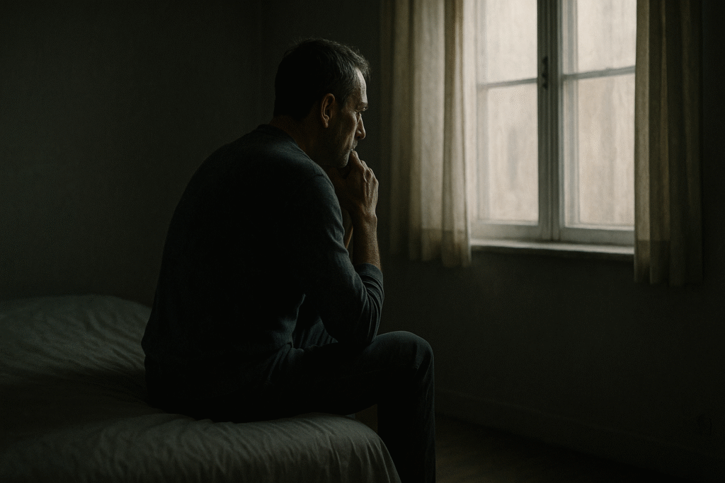 A thoughtful man sits alone, representing the performance anxiety and psychological causes of erectile dysfunction (ED).