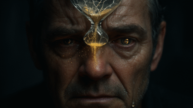 image of a worried man's face with a shattered hourglass spilling sand onto his brow, symbolizing the psychological toll of lost confidence over time.