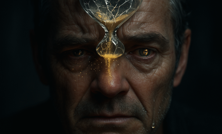 image of a worried man's face with a shattered hourglass spilling sand onto his brow, symbolizing the psychological toll of lost confidence over time.