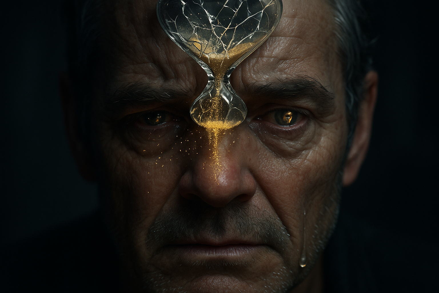 image of a worried man's face with a shattered hourglass spilling sand onto his brow, symbolizing the psychological toll of lost confidence over time.