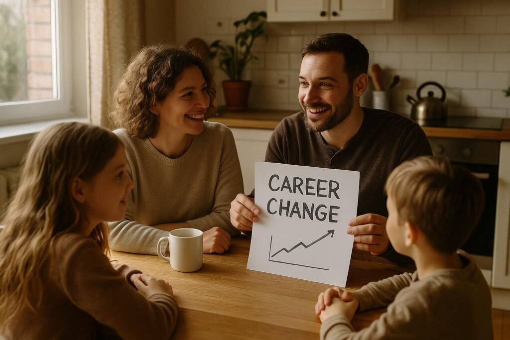 Family discussing career change plans around kitchen table