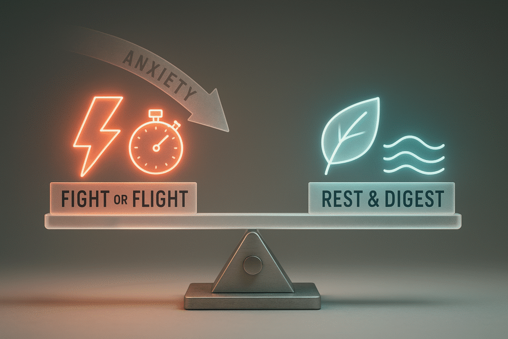 An infographic of a seesaw showing how the "Fight or Flight" response, triggered by anxiety, overpowers the "Rest & Digest" state required for an erection. psychological erectile dysfunction