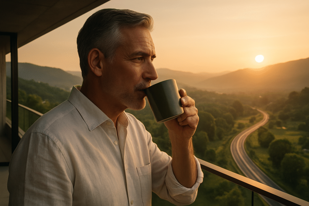 A confident man over 50 sips coffee on a balcony, overlooking a winding road at sunrise, symbolizing financial freedom and a clear path in his second act.