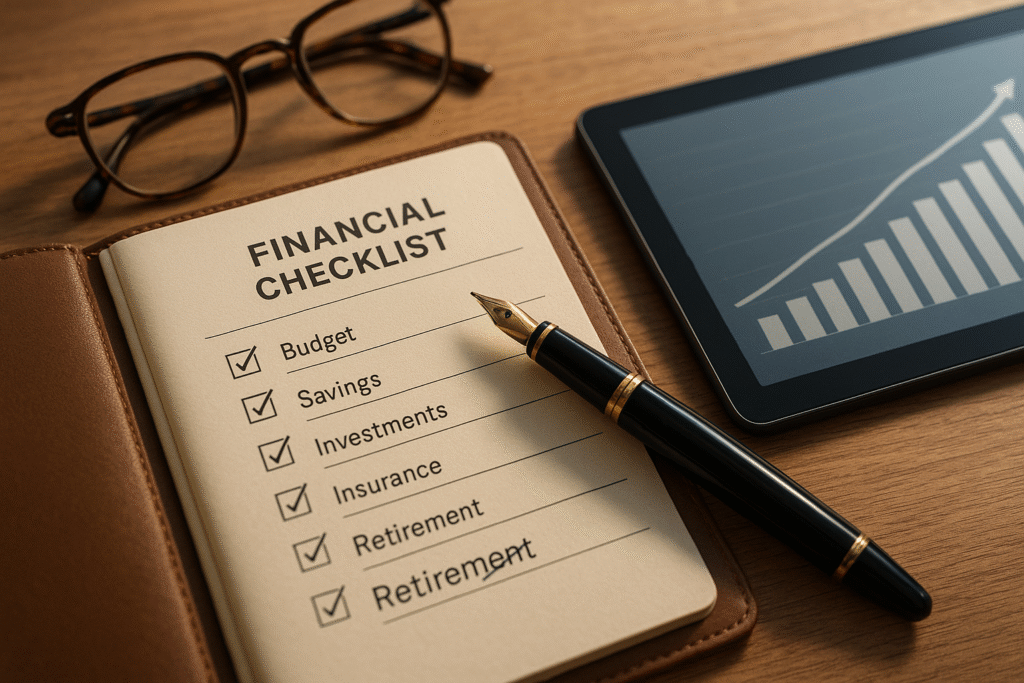 An organized desk with a financial health scorecard, a key tool in retirement planning and building Second Act Wealth Builder for men over 50.
