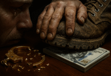 A distressed man cries as a large, muddy boot presses down on a stack of money on a table, with shattered golden handcuffs lying nearby.