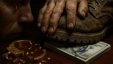 A distressed man cries as a large, muddy boot presses down on a stack of money on a table, with shattered golden handcuffs lying nearby.