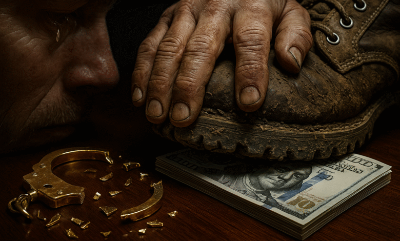 A distressed man cries as a large, muddy boot presses down on a stack of money on a table, with shattered golden handcuffs lying nearby.