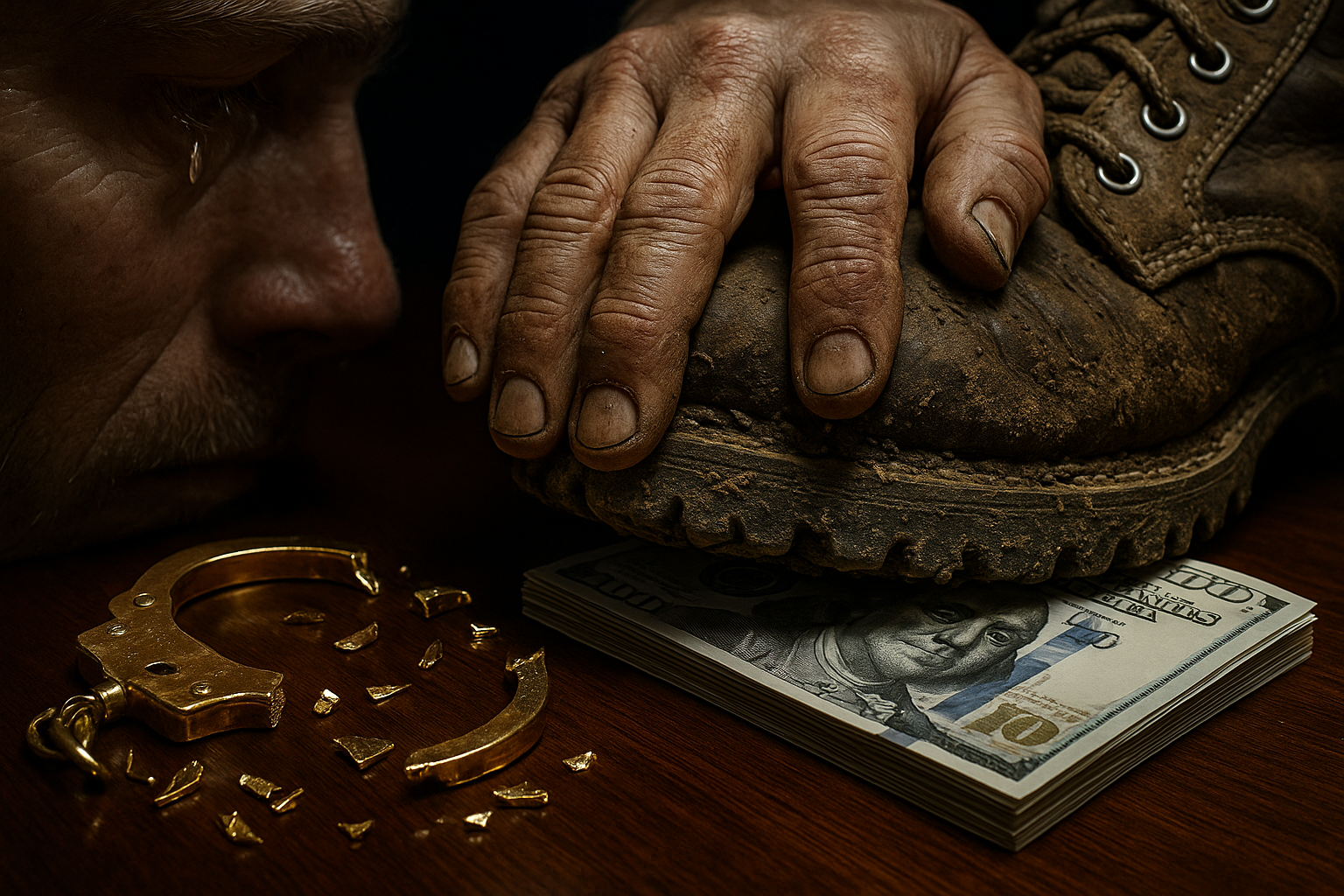 A distressed man cries as a large, muddy boot presses down on a stack of money on a table, with shattered golden handcuffs lying nearby.