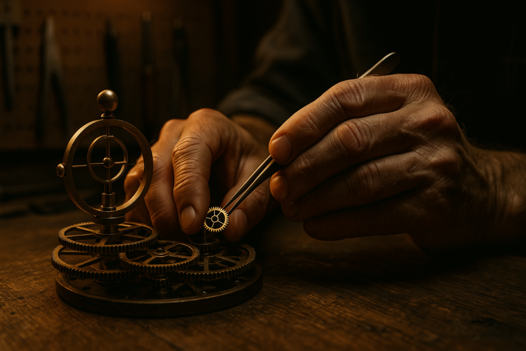 Close-up of skilled hands using tweezers to meticulously place a small gear into a complex clockwork mechanism, symbolizing the careful adjustments and fine-tuning needed to thrive with a midlife ADHD diagnosis.