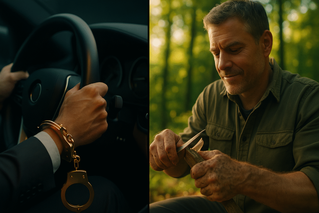 A split image showing the "golden handcuffs" trapping a man in his career versus him finding fulfillment in a career transition.