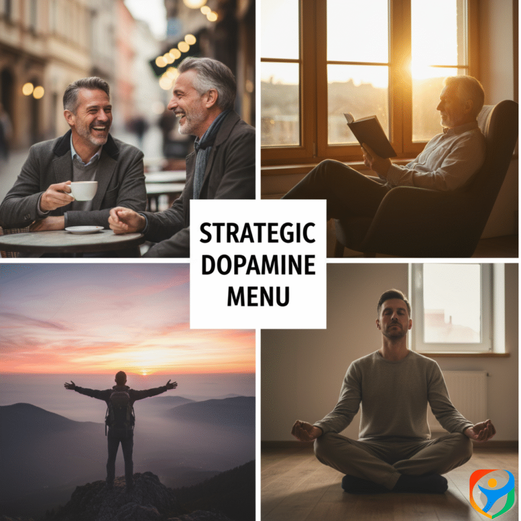 An inspiring collage titled "Strategic Dopamine Menu" showing men over 40 engaged in healthy, fulfilling activities: hiking at sunrise, laughing with friends, reading peacefully, and meditating.