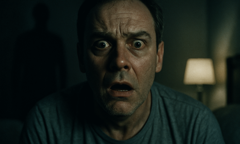 A cinematic image of a middle-aged man in bed looking shocked at a shadowy figure, representing the sudden realization of the unseen psychological root cause of performance anxiety.