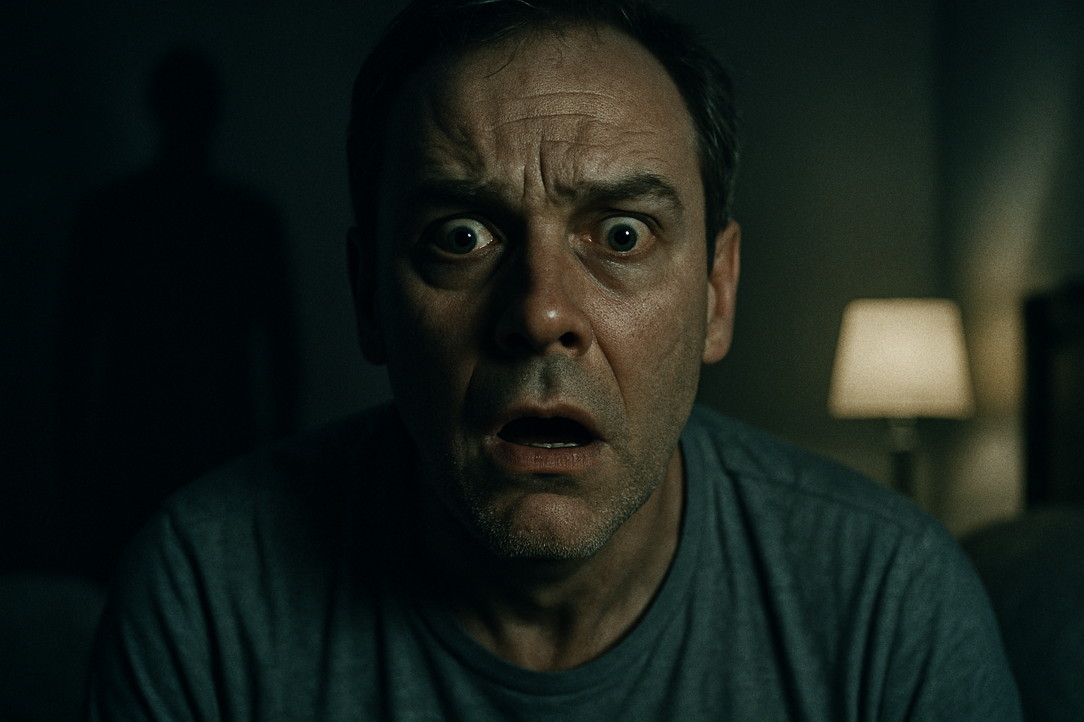 A cinematic image of a middle-aged man in bed looking shocked at a shadowy figure, representing the sudden realization of the unseen psychological root cause of performance anxiety.