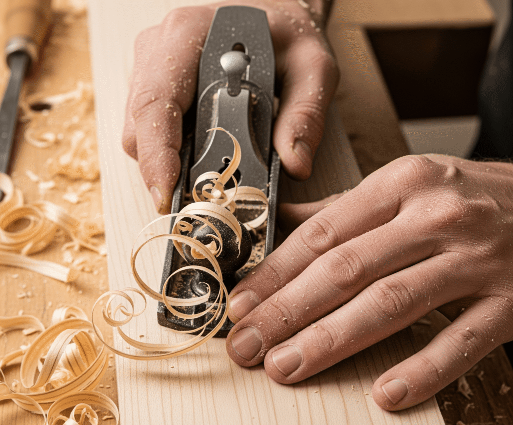 A close-up, top-down view of a craftsman's hands using a hand plane to shave wood, with curled wood shavings, embodying the pursuit of mastery.