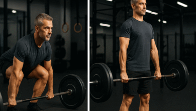 A fit man in his 40s performing a barbell deadlift in a home gym, demonstrating proper form and essential strength training technique for men building muscle and stability after 40.